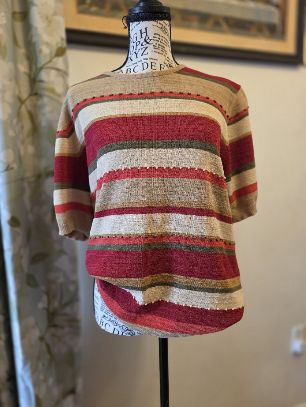 L.L. Bean Striped Short-Sleeve Knit Top in Red, Tan, Olive and Cream